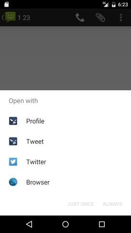 User is asked which app to use: Falcon Pro, Twitter or Browser