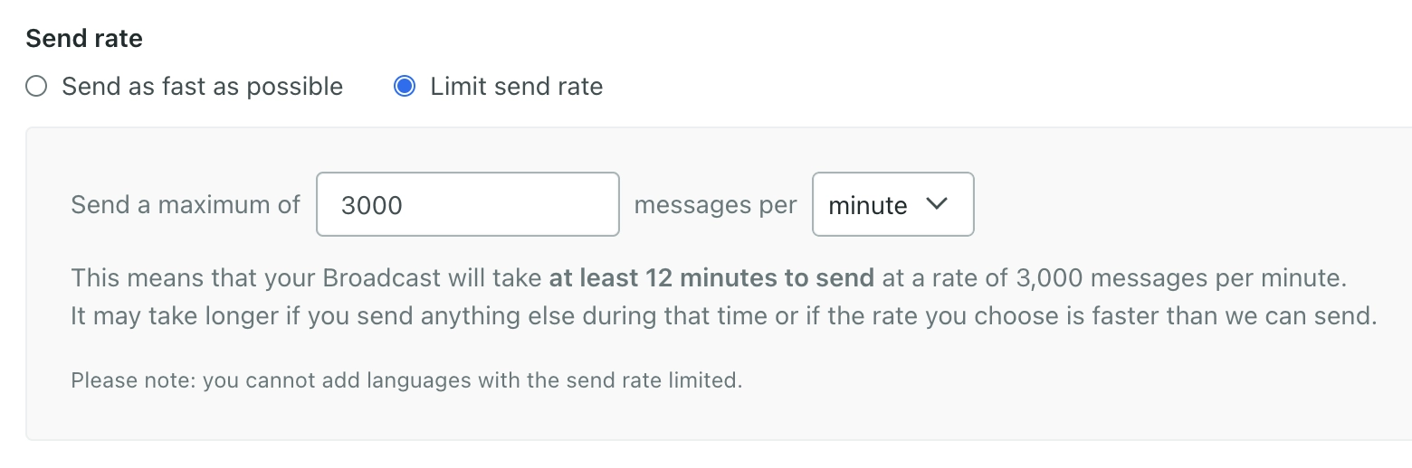 Broadcast setup on Customer.io showing the 'limit send rate' option