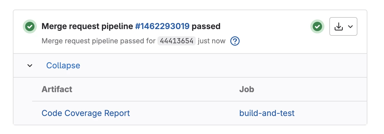 GitLab pipeline result shown on MR page, with link to exposed artifact