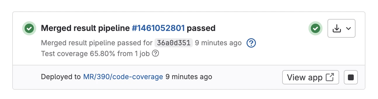 GitLab pipeline result shown on MR page, with 'View app' button