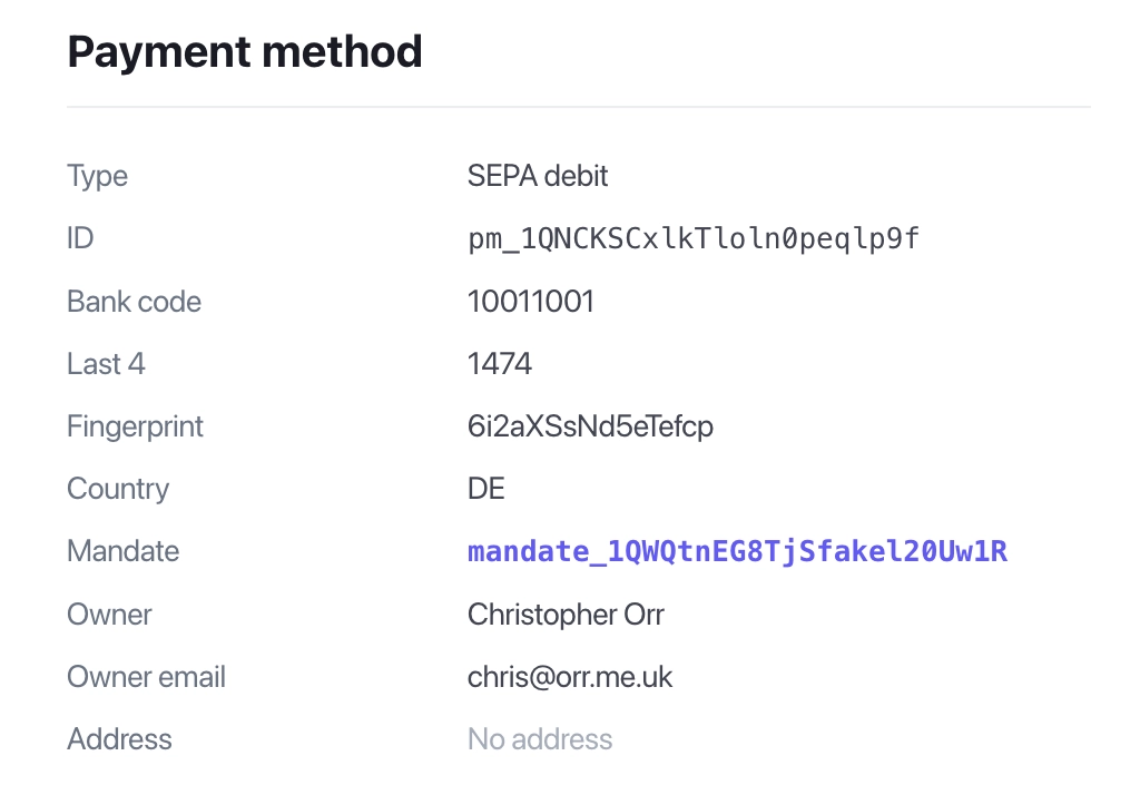 Payment Method section on a Payment Intent page, showing SEPA details and a clickable mandate ID