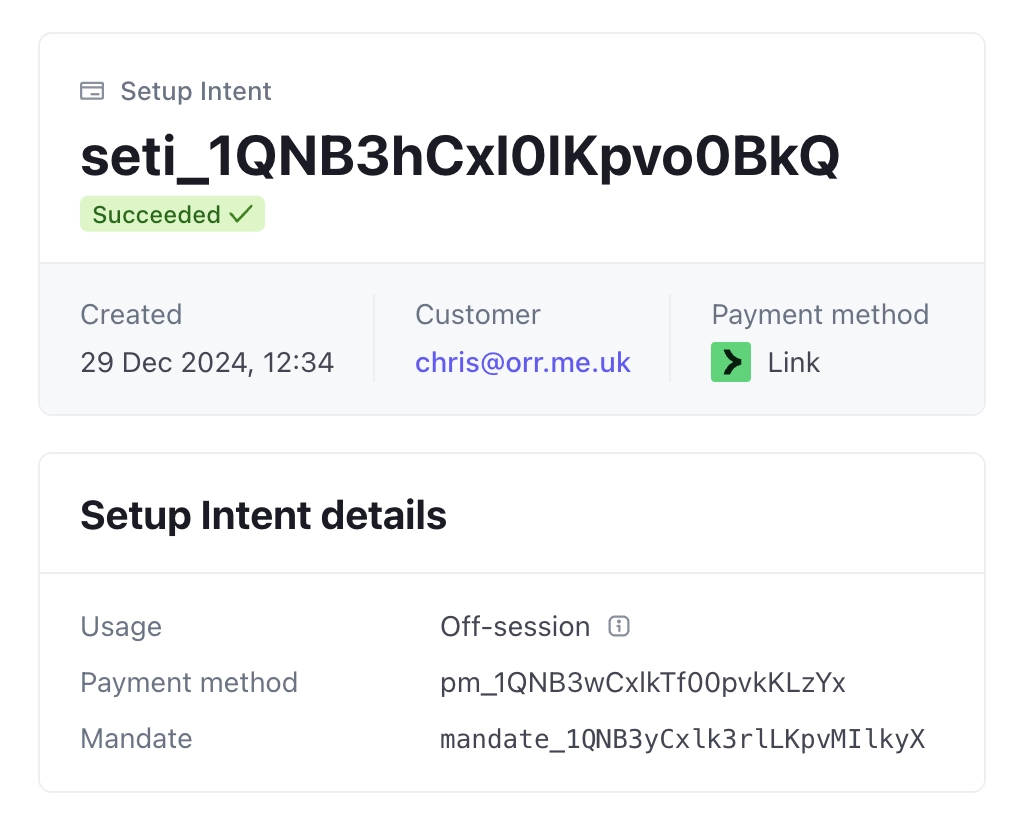 Setup Intent details for a Link payment method, showing a non-clickable mandate ID