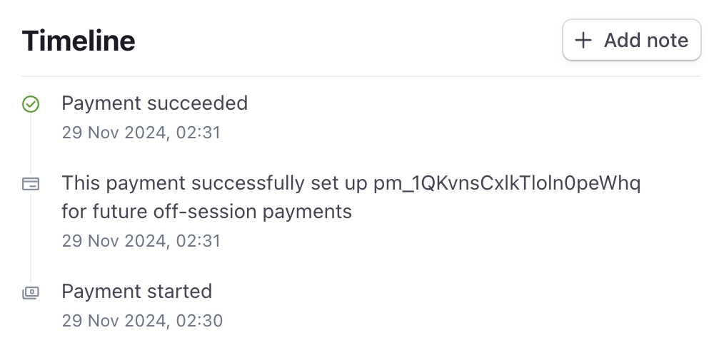 Payment Intent timeline for a PayPal payment, where it says it was 'set up for future off-session payments'